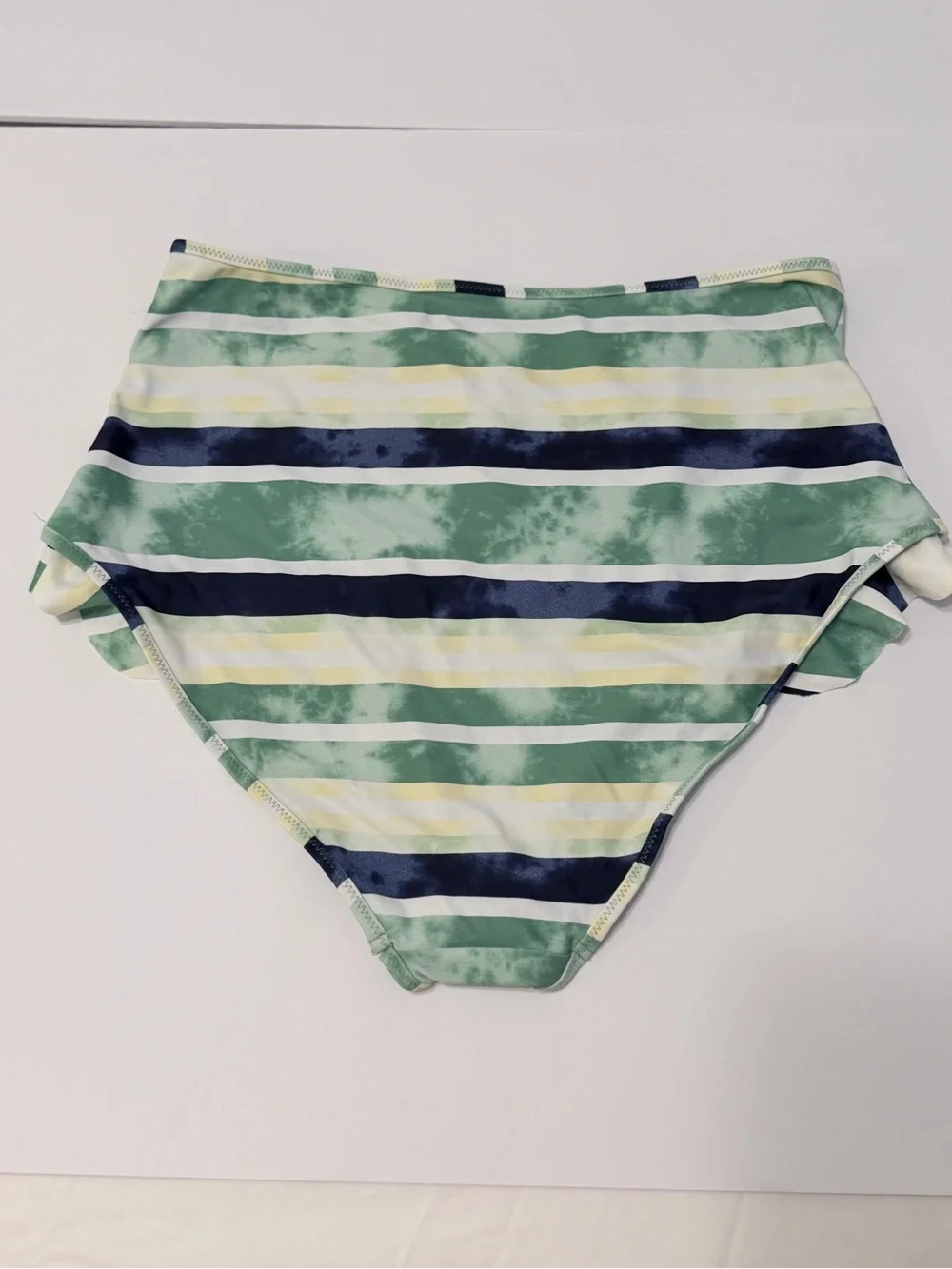 Aerie High Waisted Full Coverage Ruffle Bikini Bottoms Green Striped Tie Dye L